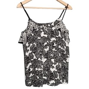 Black & White Floral Print Tank Top Womens XS Adjustable Keyhole Back